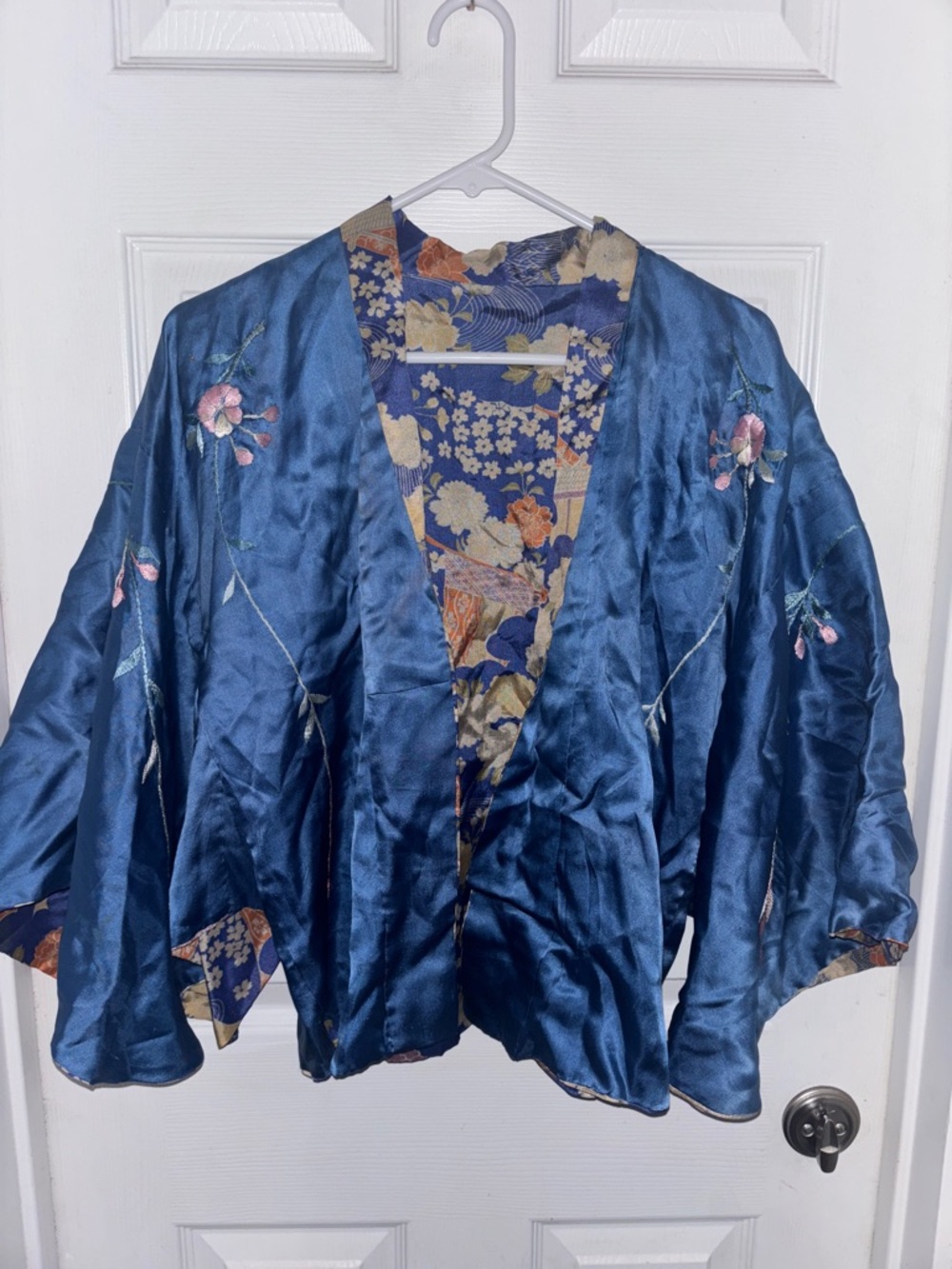 Blue Floral Satin Kimono Jacket - Unbranded